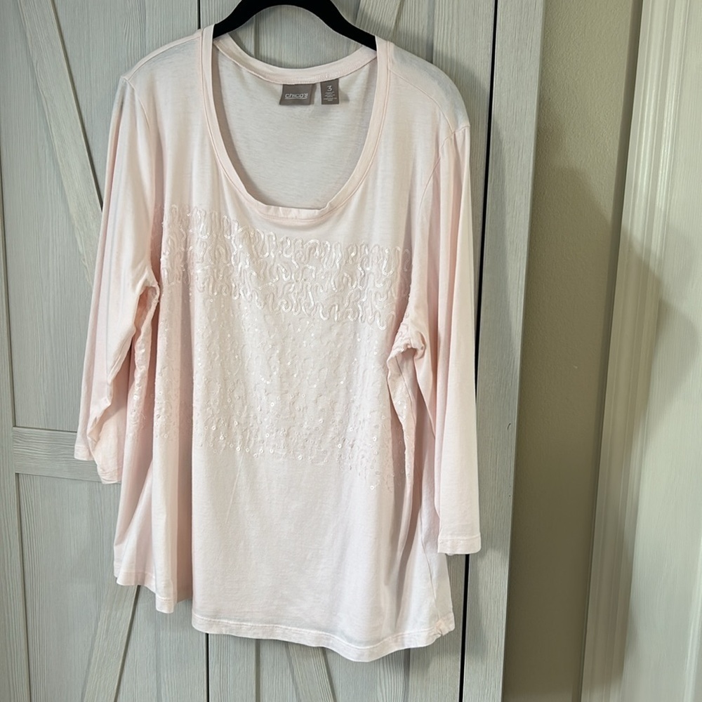 Chico's Light Pink Sequined 3/4 Sleeve Top Sz 3